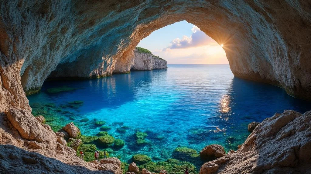 Grotte Bleue en Croatie au coucher de soleil avec lumière bleue éclatante et mer Adriatique cristalline