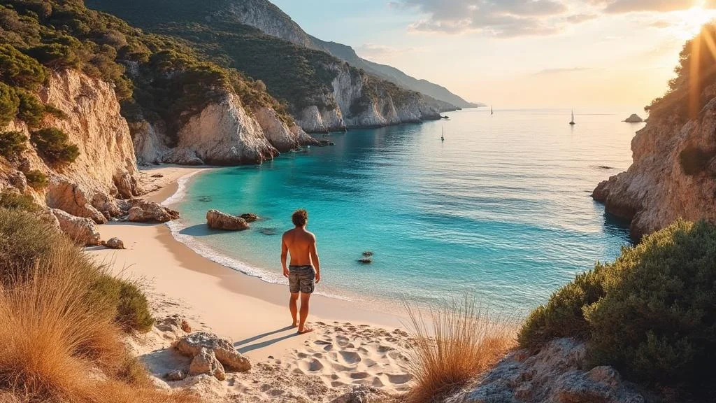Plages d'Argent Corse, sable argenté et mer turquoise sous lumière dorée au coucher du soleil