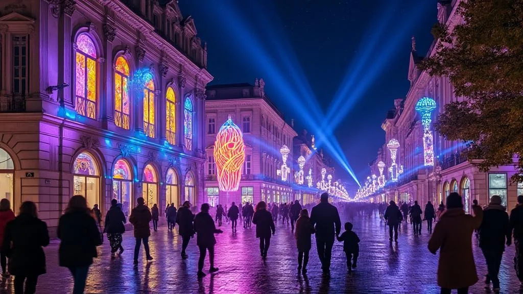 Scène nocturne hyper-réaliste de la Fête des Lumières Lyon 2025 avec illuminations architecturales et foule émerveillée