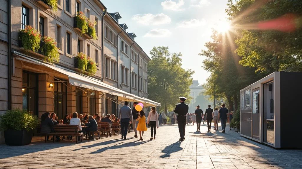 Scène urbaine réaliste illustrant la sécurité dans le pays le plus sûr du monde en lumière naturelle